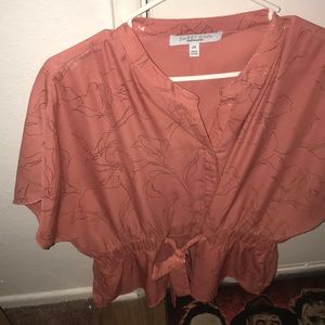 Button up blouse, 2x, stretch waist rose and gold applicay